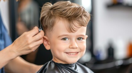 Smiling young boy getting a haircut at a barber shop