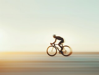 Fototapeta premium Silhouette of a cyclist riding fast on a road with a sunset backdrop. The image captures the dynamic motion and speed of biking.