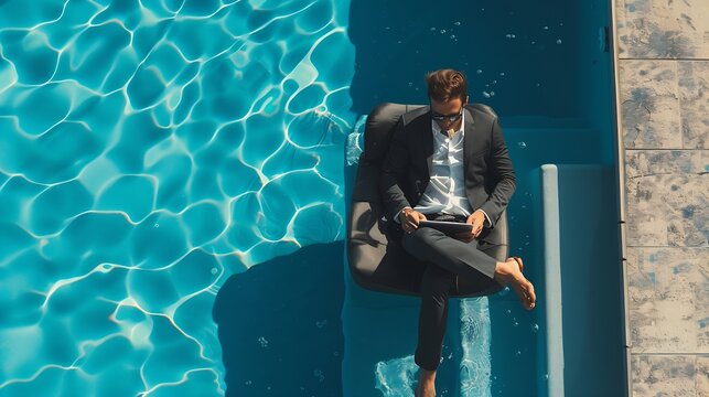 Businessman reading email by the pool : Generative AI