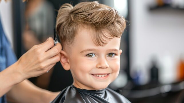 Smiling young boy getting a haircut at a barber shop