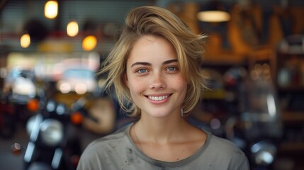 A photograph of an attractive young woman with short blonde hair, smiling warmly at the camera in front of a motorcycle shop background