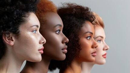 Obraz premium A diverse group of women standing next to each other, smiling and looking at the camera with different skin tones and hair textures