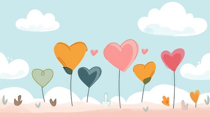 Heart-themed background flat design side view cute theme animation colored pastel 