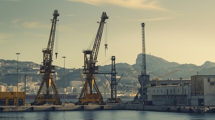 Obraz premium Industrial port cranes at the afternoon in Marseille France : Generative AI