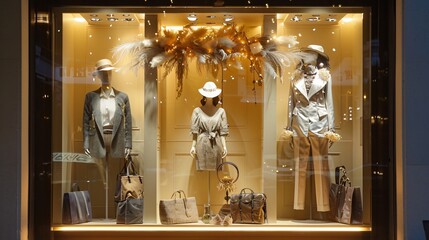 A chic boutique display window showcasing a seasonal collection, with mannequins dressed in the latest trends and stylish accessories, bathed in soft, ambient light