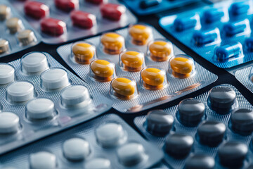 Close-up photo of various medicine packs including blister packs.