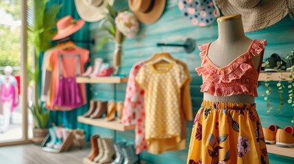 Fototapeta premium A colorful children's clothing store with playful displays, mannequins dressed in vibrant outfits, and shelves filled with tiny shoes and accessories