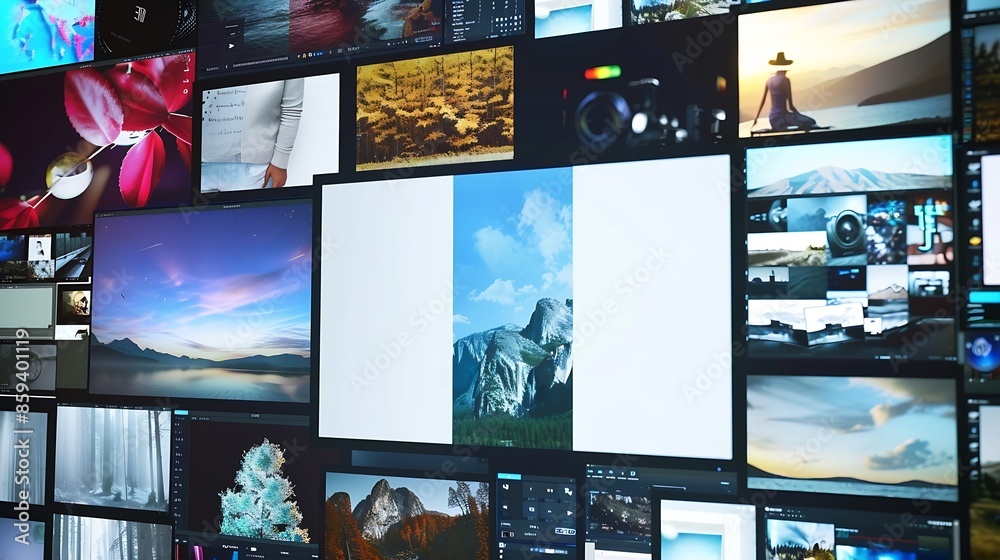 Poster A collage of PC usage scenes Transition from a white background Title template : Generative AI