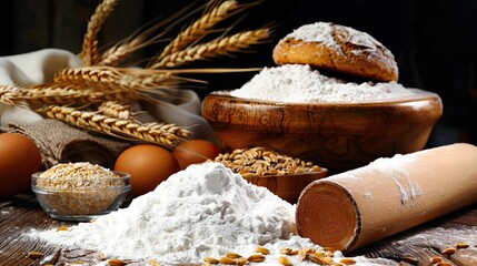 Fresh baking ingredients including flour, eggs, wheat, and bread on a rustic wooden table with natural lighting, showcasing culinary preparation.