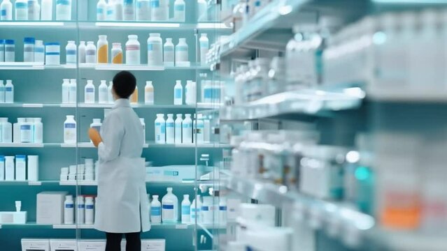 Footage of a pharmacist preparing medication in a pharmacy