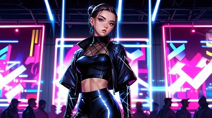Naklejka premium A girl posing in front of a neonlit backdrop