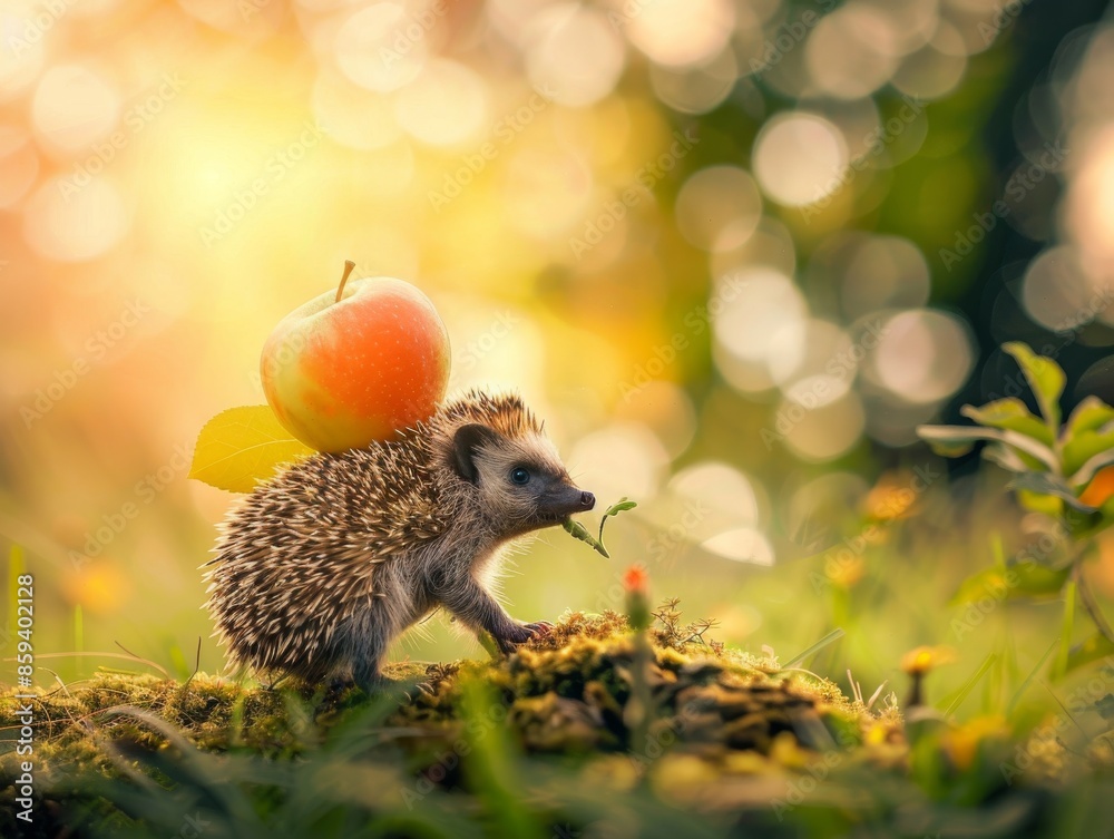 Canvas Prints Medium shot of hedgehog carries apple on his back