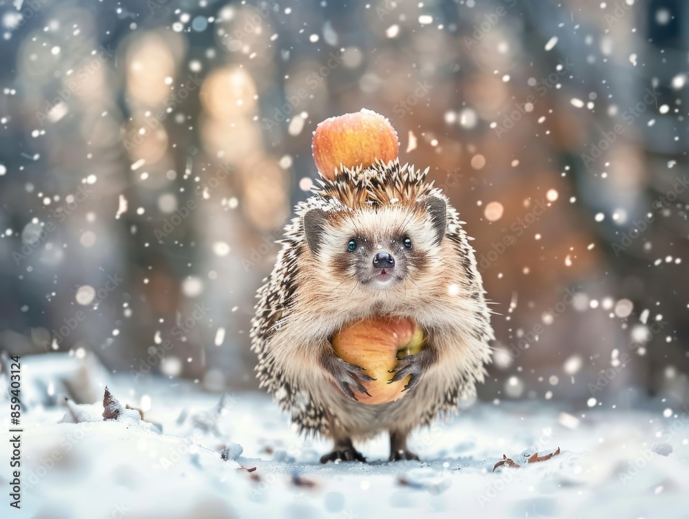 Canvas Prints Medium shot of hedgehog carries apple on his back