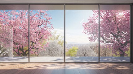 A modern, frameless window overlooking a blooming sakura tree