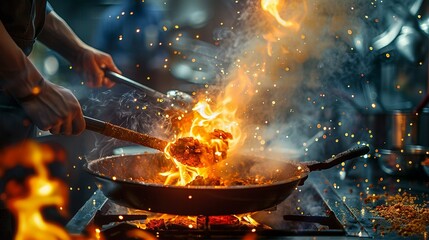 A man is cooking food in a pan with a lot of smoke and fire