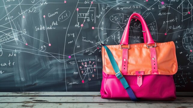 A vibrant school bag against a chalkboard background with mathematical equations and drawings