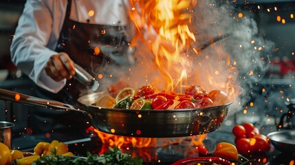 A chef is cooking food in a pan with a lot of smoke and fire
