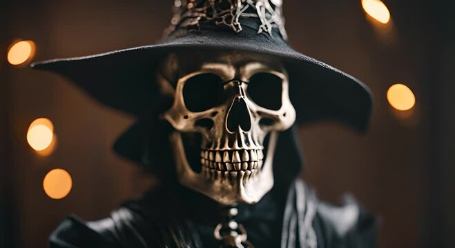 Spooky skeleton in a wide-brimmed hat poses in the dark with glowing lights, creating an eerie halloween atmosphere