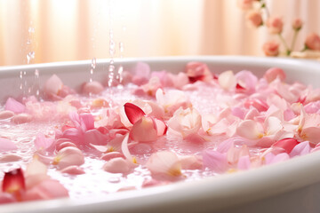 Bathtub filled with rose petals in bathroom. Generative AI