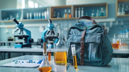 A school bag in a science lab with microscopes and test tubes, set for experiments