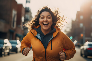 Fototapeta premium Smiling beautiful plus size woman jogging. Fitness and sport