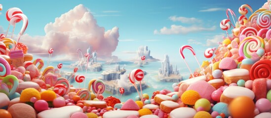 Many different sweets, caramel, cotton candy, candy in a bright colorful fairyland on a blue background of sky and clouds	
