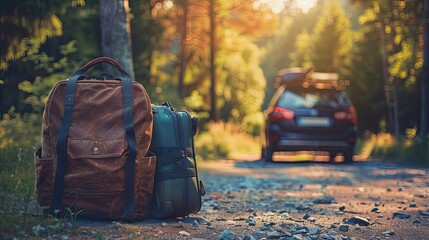 A school bag next to a family car with luggage, set for a weekend getaway