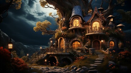 Enchanted Forest House. Fairytale Landscape Concept. Magical Doorway to Another World