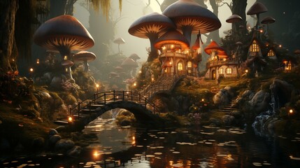 Naklejka premium Magical Mushroom House. Fairytale Forest Dwelling. Whimsical Mushroom House 