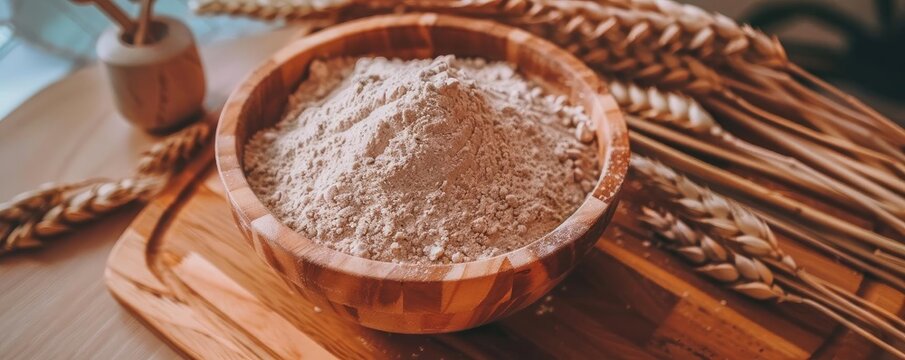 Bowl of whole wheat flour with wheat stalks on wooden board, showcasing fresh, organic, and healthy ingredients for baking.