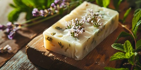 Closeup of handmade herbal soap with mint lavender and feverfew. Concept Herbal Soap Photography, Handmade Soap, Closeup Shots, Mint Lavender Soap, Feverfew Soap