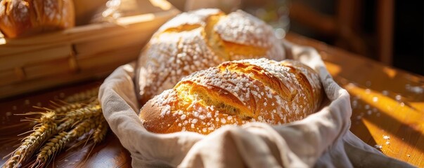 Rustic artisan bread in basket with wheat stalks, bathed in warm sunlight. Freshly baked loaves showcasing homemade goodness.
