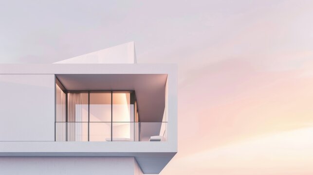 Modern minimalist house exterior with glass walls and sunset sky, contemporary architecture concept