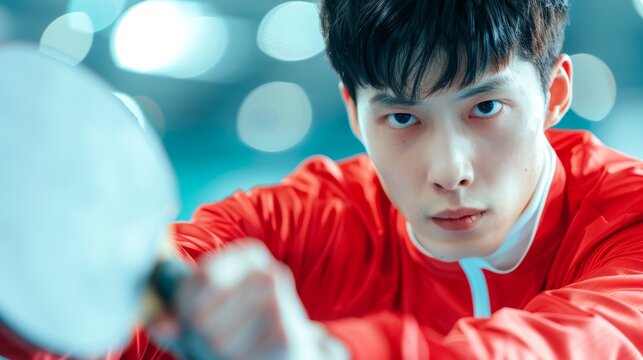 Action-packed image of a Chinese male table tennis Olympian, red weightlifting suit, gymnasium environment, body stretched mid-game, showcasing determination and skill, half-body capture