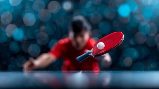 Chinese male Olympic table tennis player, intense focus, in mid-action with paddle, gymnasium background, wearing a red weightlifting suit, body stretched for a powerful shot, half-body view