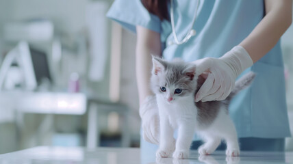 Veterinarian wearing gloves examining small white and gray kitten on examination table in modern veterinary clinic, creating a caring and professional atmosphere focused on animal health and care
