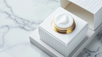 Elegant luxury cosmetics packaging boxes with intricate gold foil designs, soft velvet interior, and sophisticated branding, set against a marble background