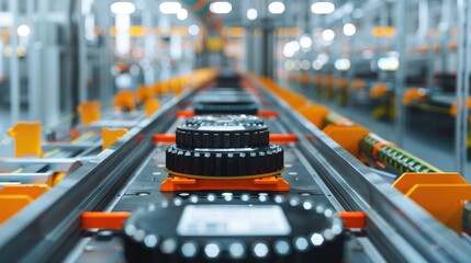 Battery packs on conveyor belts in a fully automated, cutting-edge factory. Battery Pack Manufacturing Process