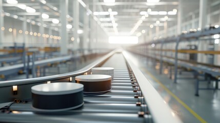Fototapeta premium Automated factory with conveyor belts transporting battery packs efficiently. Battery Pack Manufacturing Process