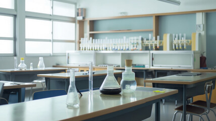 Empty science classroom with lab equipment on desks including flasks and beakers creating clean and organized atmosphere
