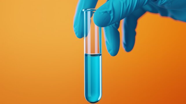 Hand delicately grasping a test tube filled with vivid blue liquid, set against a laboratory scene illuminated by intense orange light, emphasizing cutting-edge science