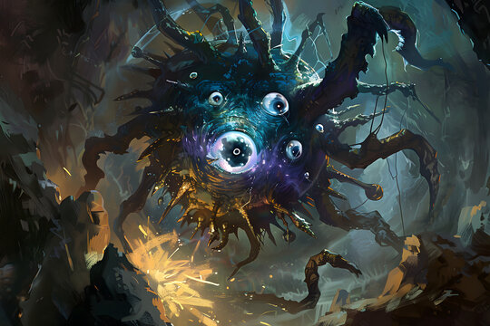 A high-resolution illustration of a fearsome beholder floating menacingly in a dark cavern, with multiple eyes glaring and magical energy emanating from its central eye