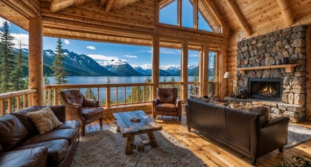 Interior view of a luxury log home in Alaska with a stunning view
