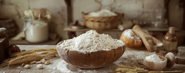Rustic kitchen scene with a wooden bowl filled with flour, surrounded by cooking ingredients. Perfect for baking and culinary-themed projects.