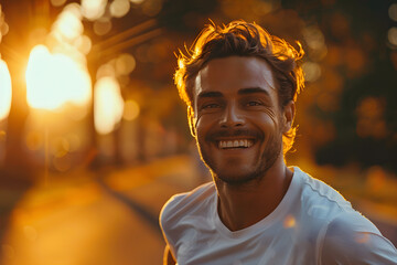 Fototapeta premium Closeup Portrait of smiling handsome guy walking outdoors