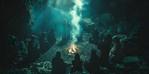 Cultists gather at abyss summoning dark entities with sinister glow. Concept Horror, Cultists, Dark Entities, Sinister Glow, Abyss