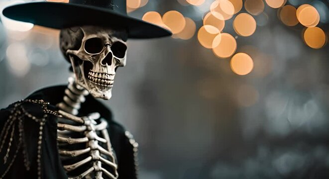 Spooky skeleton with a black hat and cane in front of orange lights, perfect for halloween projects