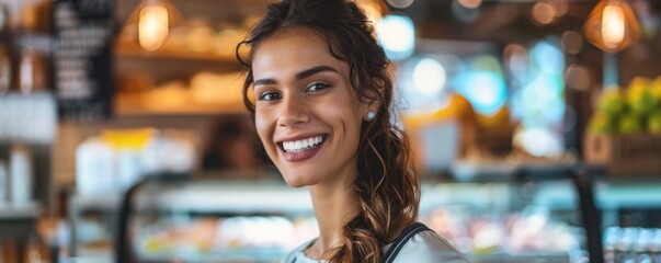 Fototapeta premium Smiling saleswoman portrait in a shop, shopping concept banner. Generative AI.
