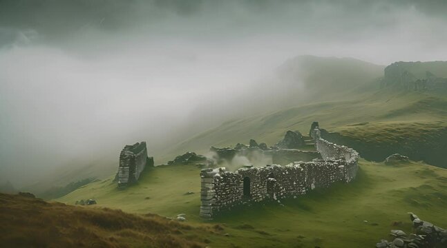 misty morning in the mountains, Misty Scottish Highlands showing Ancient Ruins, moody greens, soft foggy lighting, low contrast ProLog, haunting and mysterious, award-winning composition, subtle grain