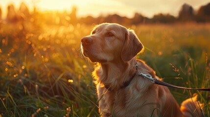 Dog on leash enjoying sunset in green grass making eye contact